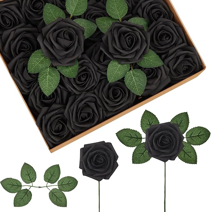 InnoGear Artificial Flowers, 50 Pcs Black Foam Fake Roses Bulk with Stems for Decoration DIY Wedding Bouquets Centerpieces Bridal Shower Party Valentines Christmas Tree