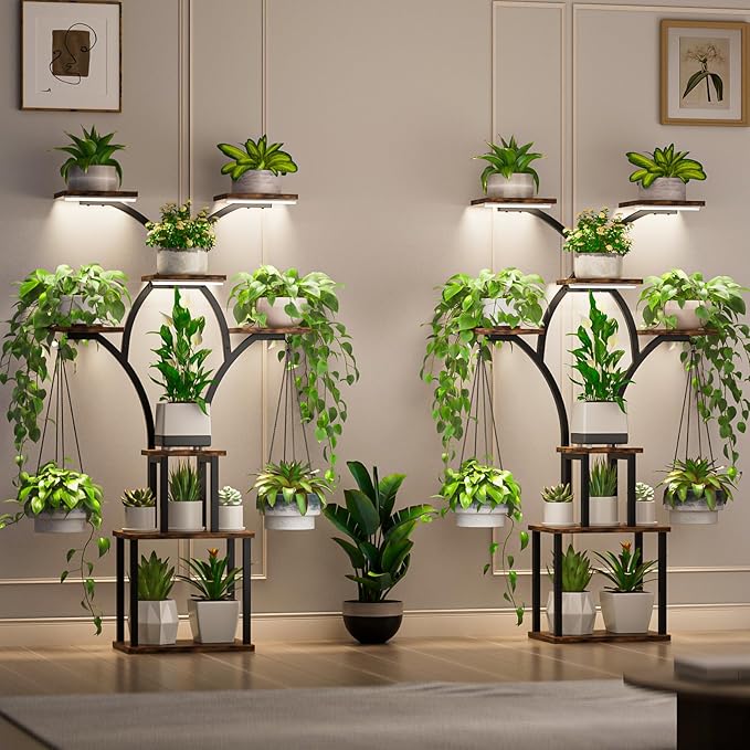 Elbourn 8 Tiered 60" Plant Stand Indoor Shelf with 3 Grow Lights (Brown) | Corner Shelf Decor