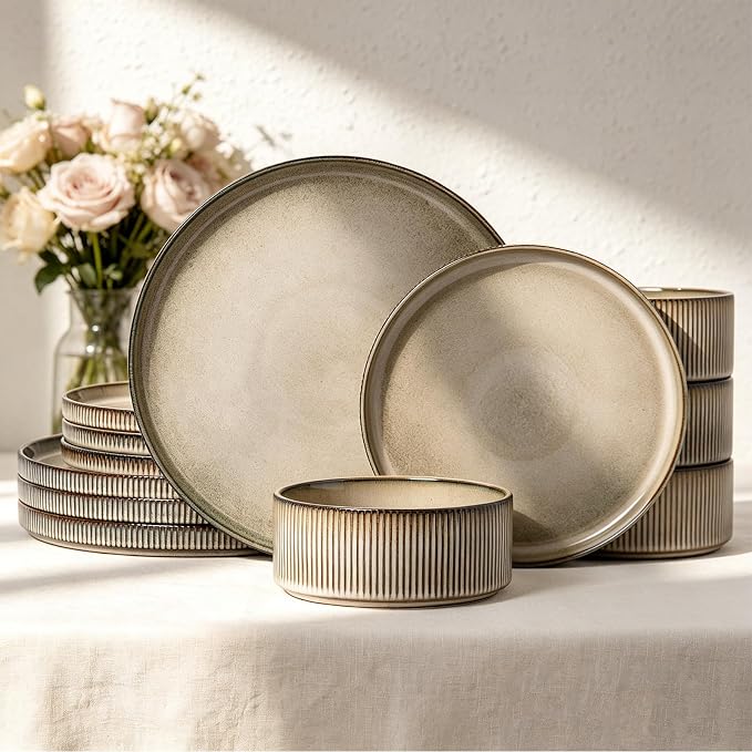 MONITO Ceramic Dinnerware Sets for 4, 12PCS Stoneware Plates and Bowls Sets, Reactive Glaze Dish Set, Chip and Scratch Resistant Double, Microwave and Dishwasher Safe, Brown