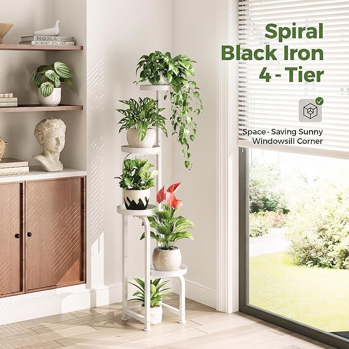 Bamworld Corner Plant Stand Indoor Outdoor, Tall Metal Flower Pot Stands for Multiple Plants, 4 Tier White Heavy Duty Plant Shelf for Patio Garden Balcony Living Room Bedroom(Patent Design)