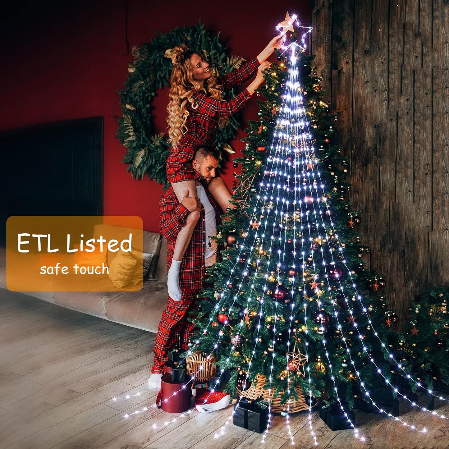 Skiennix Christmas Star String Lights - 344 LED Waterfall Tree Lights with Iron Topper | Pure White Indoor/Outdoor Decor