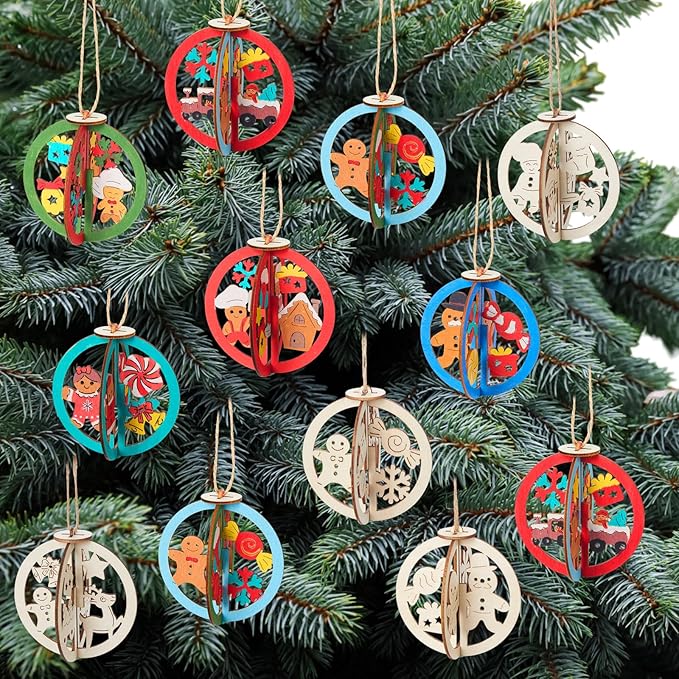 Chunful 24 Pcs DIY Christmas Wooden Ornaments 3D Unfinished Wood Crafts to Paint Christmas Hanging Cutouts Blank Hollow Wood Santa Reindeer Snowman Slice for Xmas Tree Decorations(Gingerbread)