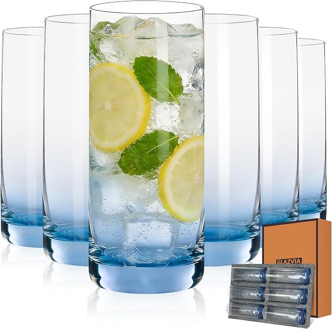 Blue Highball Glasses Set of 6,13oz Drinking Glass Cups for Mixed Drink Cocktail, Beer, Mojito, Water and Juice,Thick Tall Crystal Glassware for Kitchen, Restaurant, Home Bar and Parties