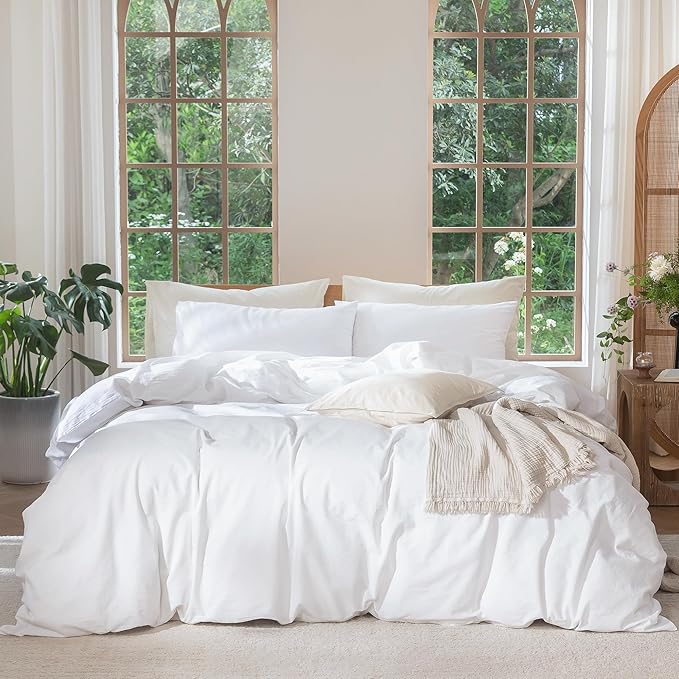MooMee Bedding Duvet Cover Set 100% Washed Cotton Linen Like Textured Breathable Durable Soft Comfy (Solid Bright White, Cal King 104"x98")