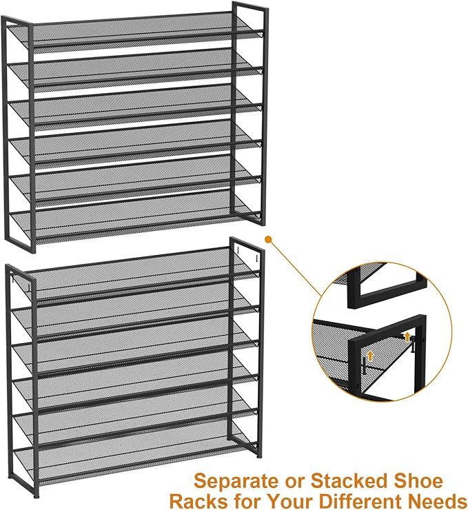NEYCIL Large Shoe Rack 12 Tier Shoe Organizer, Heavy Duty Metal 6-Tier Stackable Shoe Storage Vertical Shoe Rack for Closet Front Door Entrance, Up to 75 Pairs, 44.8" W x 11.4" D x 85.1" H, Black