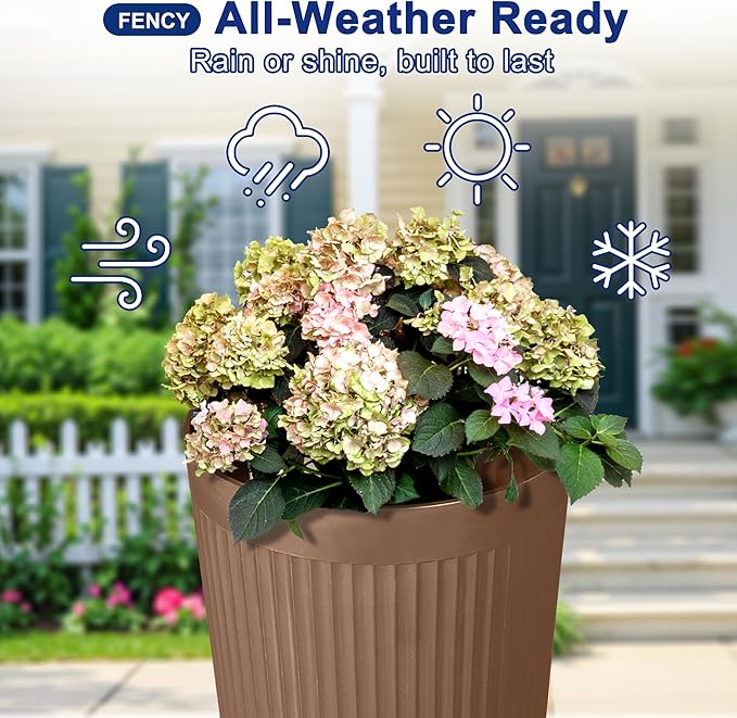FENCY 2Pack 24IN Self Watering Planter for Indoor Plants, Plastic Large Planter for Outdoor Plants, Water Level Indicator& Spacious Reservoir Flower Planter Decorative(Brown)