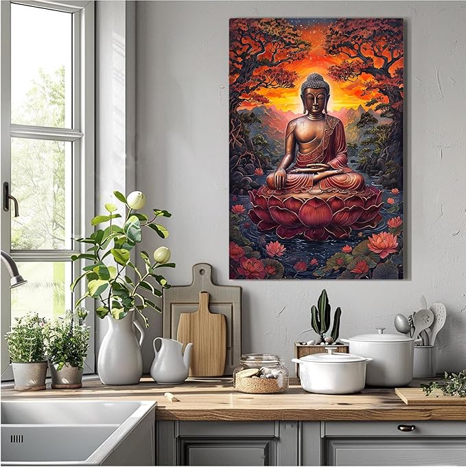 Golden Buddha on lotus seat serene meditation statue amidst lush trees flowing water and sunrise light spiritual home art for a tranquil decor 16x24in Wood Framed