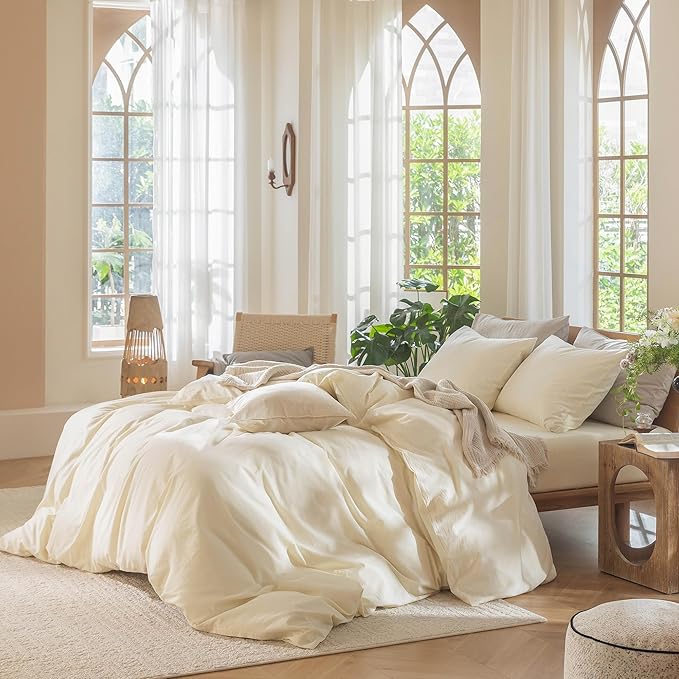 MooMee Bedding Duvet Cover Set 100% Washed Cotton Linen Like Textured Breathable Durable Soft Comfy (Solid Cream White, King 104"x90")