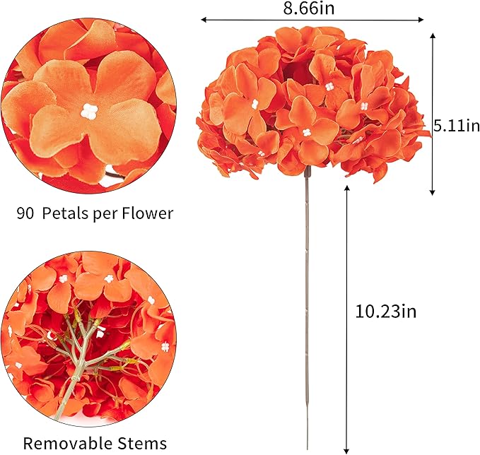 DuHouse Silk Hydrangea Artificial Flower Heads with Stems Fake Hydrangeas Flowers for DIY Wedding Centerpiece Home Decor,Pack of 6(Burnt Orange)