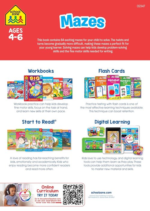School Zone Mazes Workbook - Engaging Maze Puzzles for Preschool to 1st Grade | 64 Pages, Ages 4-6