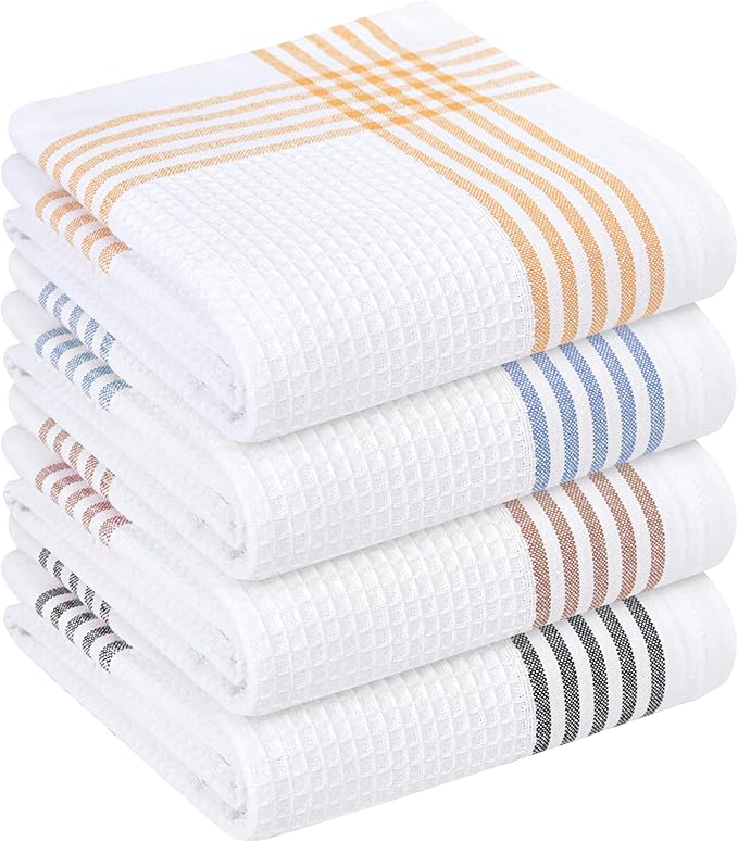 Waffle White & Multi Colors Kitchen Towels Set of 4, 100% Cotton, 16x26 inches, Quick Dry Dishcloths, Ideal Dish Towel for Drying, Wiping - Mustard Yellow, Sky Blue, Brown, Black