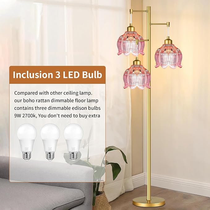 ILLMTW Glass Floor Lamp for Living Room,Bedroom,Gold Flower Mid Century Modern Standing Lamp Brass Tree 3 Light Tall Floor Lamps Vintage Floor Lights Pink Lamp Shade Farmhouse Boho Bohemian