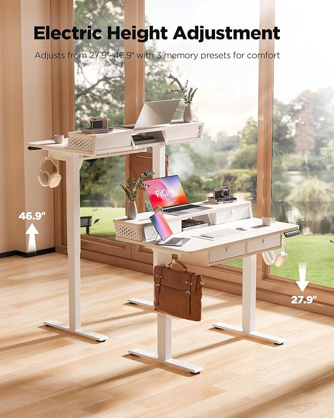 FiCiHi Adjustable Height Standing Desk with 4 Drawers,40 x 24 inches Electric Sit Stand Home Office Desk with Two Tiers, 3 Memory Presets, Monitor Stand Riser, C-Clamp Mount Compatible
