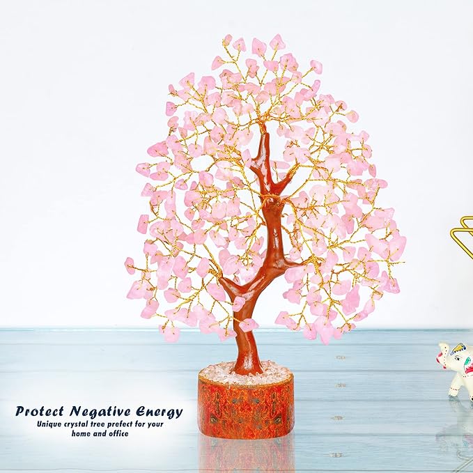 Rose Quartz Feng Shui Crystal Tree - Pink Spiritual Decor - Gemstone Bonsai Tree - Positive Energy Pink Desk Accessory
