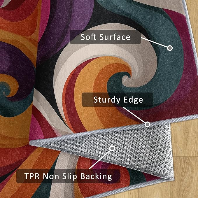 70s Rug Large 7x10 Retro Funky Hippie Psychedelic Swirl Pattern Area Rugs for Living Room, Bedroom, 70s Home Decor Accessories Indoor Carpet, Non Slip & Machine Washable, GD0401