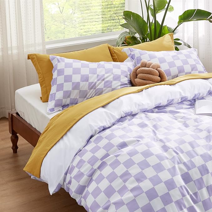 Bedsure Duvet Cover Twin Size - Reversible Checkered Duvet Cover Set with Zipper Closure, 2 Pieces Purple Bedding Set with 8 Corner Ties and 1 Pillow Sham 20"x26"
