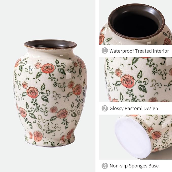 Green and Beige Vintage Round Vase, Red Rose Chinoiserie Floral Vase, Antique Decorative Ceramic Flower Vases for Bouquet, Home Decor, Living Room, Bookshelf, Office, Cottage Core Home Decor 8 Inch