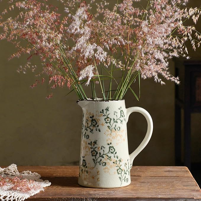 Ceramic Vintage Flower Vase with Handle, Chinoiserie Floral Pitcher Vase for Home Decor, Decorative Vases for Centerpiece Table Decorations, Green and White Vases for Living Room Kitchen Shelf Decor