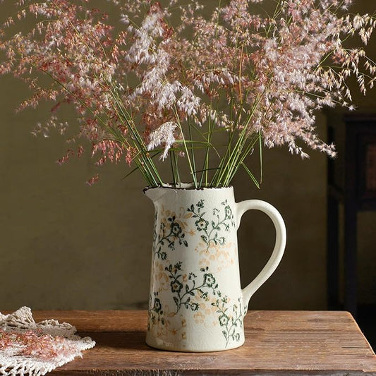 Ceramic Vintage Flower Vase with Handle, Chinoiserie Floral Pitcher Vase for Home Decor, Decorative Vases for Centerpiece Table Decorations, Green and White Vases for Living Room Kitchen Shelf Decor