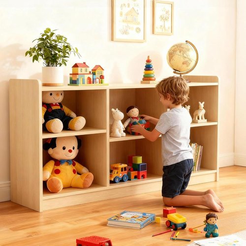 Garvee Montessori Shelf - 6 Compartment Toy & Book Organizer with Adjustable Dividers | Natural Finish for Kids' Playrooms