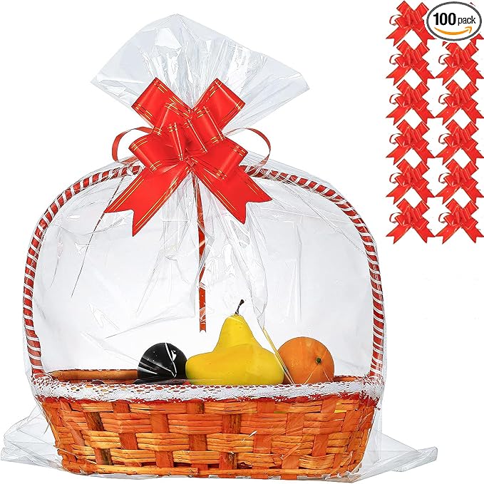 100 Packs 32 x 40 inhces Extra-large Gift Wrap Cellophane Bags for Basket Jumbo Clear Cellophane Wraps Clear Huge Cello Bags for Basket, Gift, Christmas Tree, Treat, Art and Craft, 100ct Red Ribbon Bows