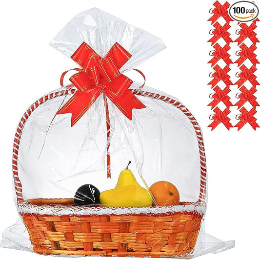 100 Packs 32 x 40 inhces Extra-large Gift Wrap Cellophane Bags for Basket Jumbo Clear Cellophane Wraps Clear Huge Cello Bags for Basket, Gift, Christmas Tree, Treat, Art and Craft, 100ct Red Ribbon Bows