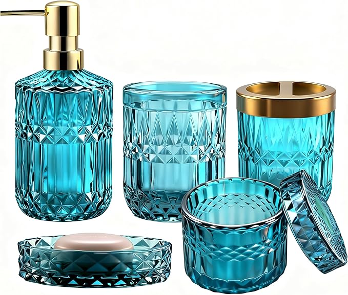 5Pcs Cyan Bathroom Accessories Set, Glass Bathroom Accessories, Vintage Bathroom Countertop Decoration Includes Soap Dispenser, Toothbrush Holder, Qtip Holder,Soap Dish and Rinsing Cup
