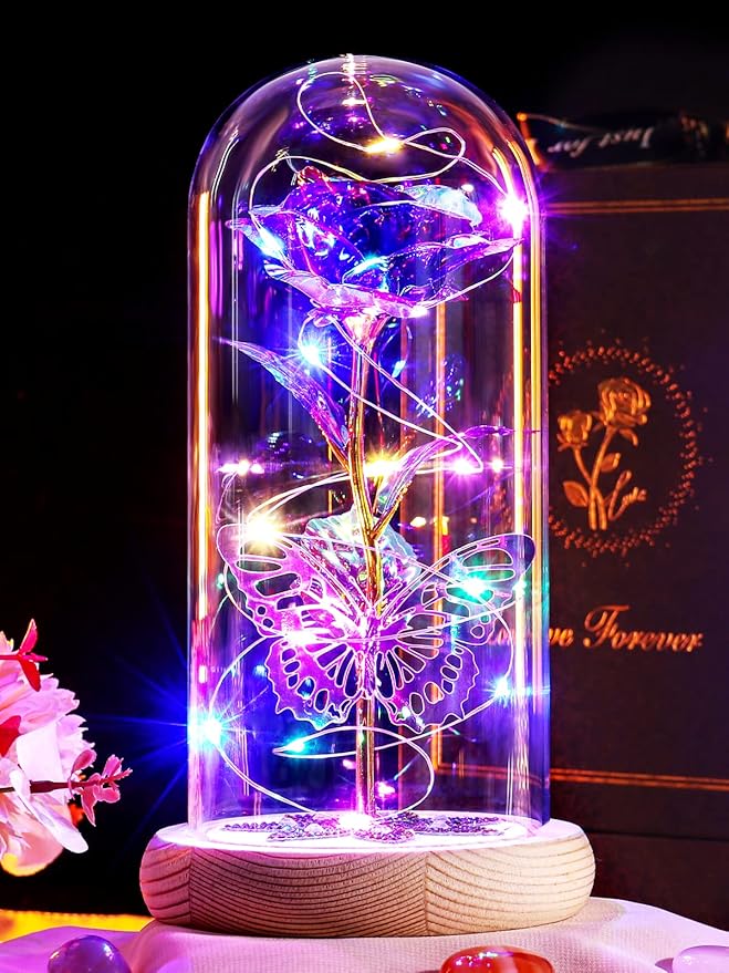 Beferr Christmas Birthday Gifts for Women, Mom Gifts for Christmas Galaxy Glass Rose Forever Preserved Flowers for Delivery Prime Rose in Glass Dome Xmas Gifts for Grandma Wife Sister Her, Purple