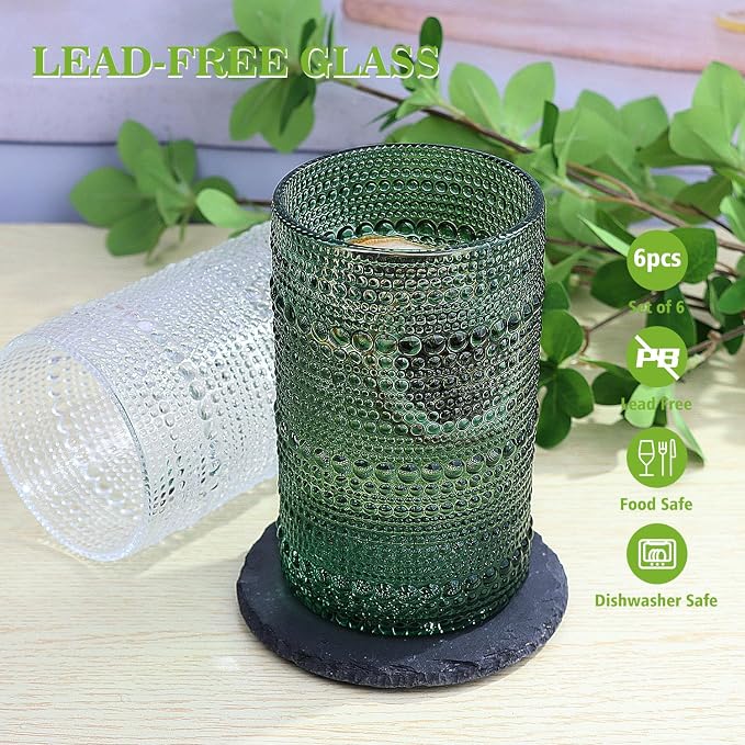 Hobnail-Drinking Glasses 13oz Vintage Glassware Sets Cocktail Juice Glasses Set of 6, Blackish Green