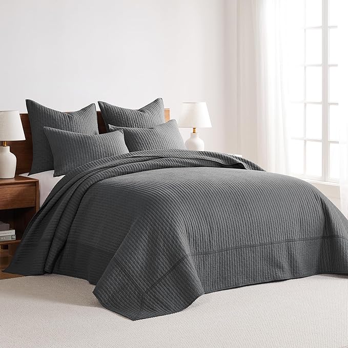 Levtex Home Cross Stitch Reversible King Bedspread Set (120x104in) with 2 Pillow Shams (36x20in) - Stitch Texture - Charcoal - Cotton King Size Bedspread Set - Soft, Pre-Washed