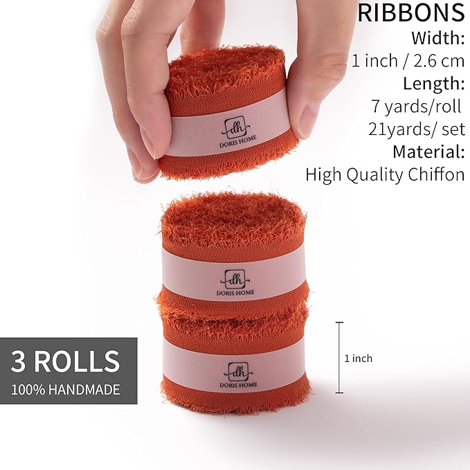 DORIS HOME Burnt Orange Chiffon Ribbon for Flower Bouquet, 1" x21Yd Fabric Ribbon for Gift Wrapping, Handmade Frayed Ribbon for Wedding Invitations/Christmas Decorations