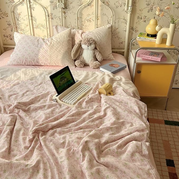 LifeTB Pink Floral Duvet Cover King Romantic Lace Bedding Set Garden Style Cottagecore Flower Duvet Cover with Zipper Closure Soft Washed Microfiber Botanical Comforter Cover for Girls Women