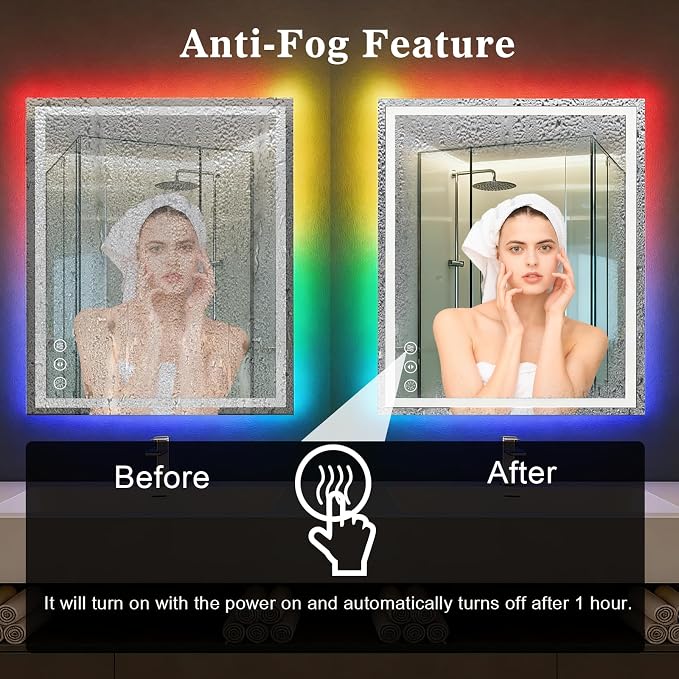 WTTY LED Bathroom Mirror 48"x32" with RGB Backlit and Front Light,Stepless Dimmable LED Mirror for Bathroom,Colored Lighted Bathroom Vanity Mirror,Anti-Fog,Memory Function,Shatter-Proof