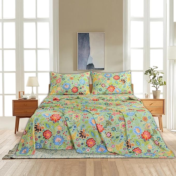 Bedlifes Full Sheet Set Ultra Soft, Breathable, Silky Flower Deep Pocket 100% Microfiber Bedding, 4 Piece Full Size with Floral Sage Green