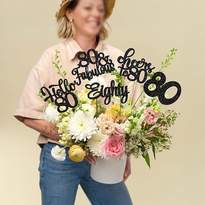 Gyufise 15Pcs 80th Birthday Centerpiece Sticks Eighty Happy 80th Table Flower Centerpieces Sticks Cheers to 80 Floral Decorations for 80th Birthday Party Centerpieces Supplies Black
