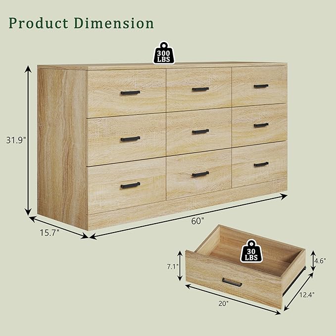 9 Drawer Dresser for Bedroom, 60'' Long Mid Century Modern Dressers TV Stand, Wood Vintage Chests of Drawers, Large Storage Organizer for Bedroom, Closet, Entryway, Natural Oak