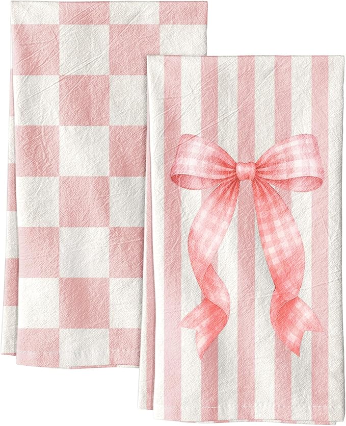 Miss Adola 2 Pack Flour Sack Kitchen Towels - 16x26 Inch Cotton Dish Towels with Hanging Loop Reusable Geometric Cute Modern Retro Tea Towel Absorbent Dishcloths Home Decor, Pink Bow
