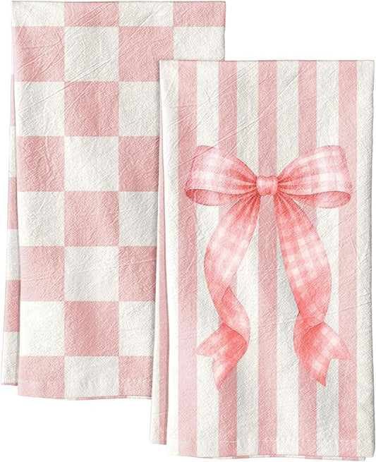 Miss Adola 2 Pack Flour Sack Kitchen Towels - 16x26 Inch Cotton Dish Towels with Hanging Loop Reusable Geometric Cute Modern Retro Tea Towel Absorbent Dishcloths Home Decor, Pink Bow