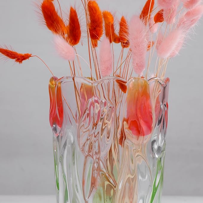 Glass Flowers Vase 9.3 inch Tall, Unique Crystal Vases for Tables Centerpieces, Vintage and Tulip Shape Large Vases Christmas Thanksgiving Gifts. (Green)