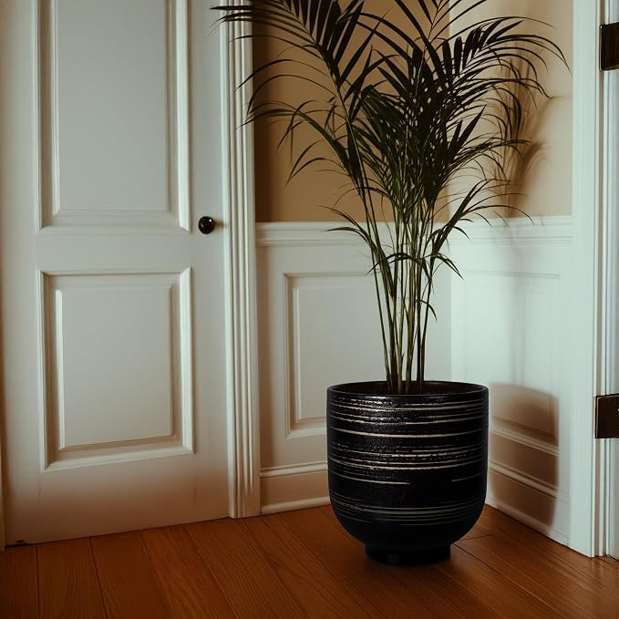 HERDUK Large Black Ceramic Planter for Indoor Trees, Modern Indoor Floor Planter Pot for Olive Trees & Faux Olive Trees, Pottery Planter with Drainage for Real Plants