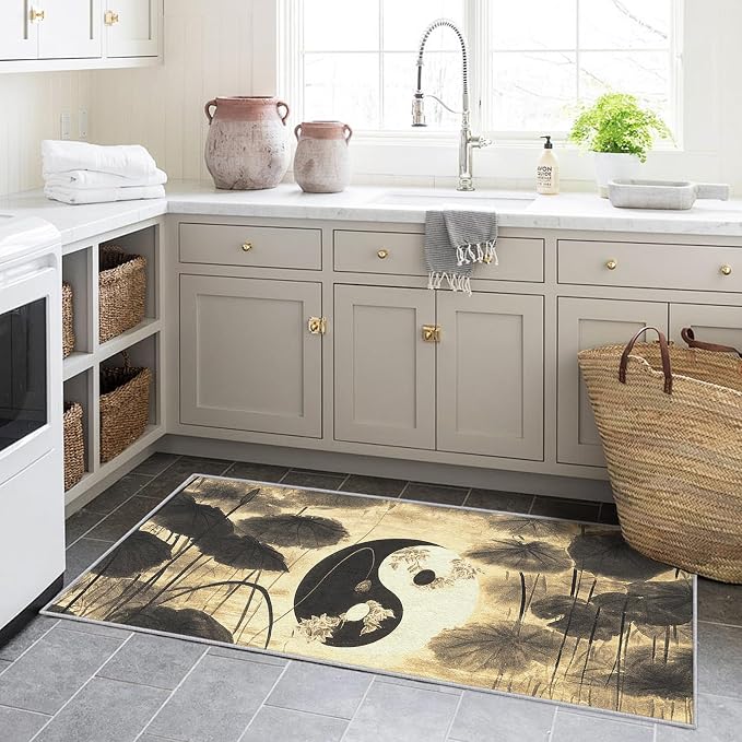 Yin Yang Lotus Leaf Runner Rug 2x6, Asian Yoga Design, Zen Spiritual Meditation Area Rug Washable Hallway Rugs Non-Slip Floor Carpet Runner for Bedroom, Narrow Hallway, Kitchen Aisle