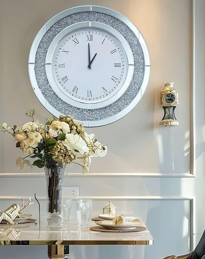 Crushed Diamond Wall Clock Round Decorative Mirrored Clock 32 inch Silver