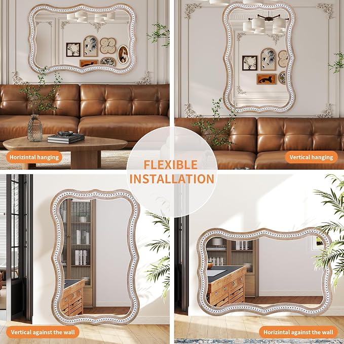 35x24 Inch Wavy Wooden Frame Mirror for Bathroom Over Sink, Rustic Farmhouse Decorative Mirrors for Wall, Entryway, Living Room, Bedroom (Vertical/Horizontal)