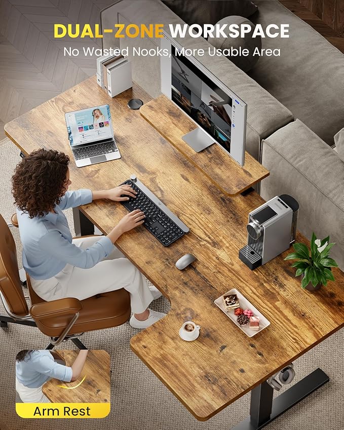 L-Shaped Standing Desk - 63 Inch Adjustable Corner Standing Desk with Flexible Monitor Stand, Electric Sit Stand Computer Table with Memory Controller for Home Office