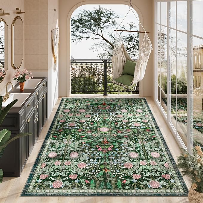 AMTOVO 6x9 Washable Area Rugs for Living Room, Non-Slip Large Soft Boho Floral Vintage Accent Print Carpet for Bedroom Dorm Nursery Room Dining Room Farmhouse Home Office, Dark Green