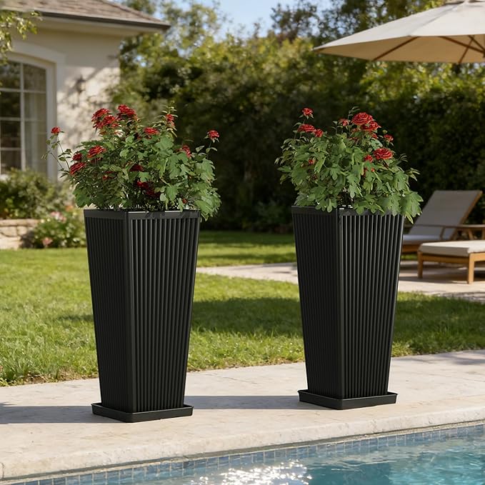 Square Tall Planters for Outdoor Plants Set of 2-23.6" Modern Tapered Indoor Flower Pots with Drainage Holes/Partition/Tray, Large Outdoor Planters for Porch Patio Garden Front Porch, Black
