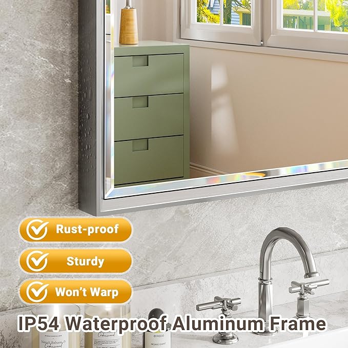 48 x 36 Silver Bathroom Mirror, Large Beveled Silver Bathroom Vanity Mirror, Shatterproof Silver Rectangle Mirror, Silver Metal Framed Mirror for Bathroom Wall, Anti-Rust(Vertical/Horizontal)
