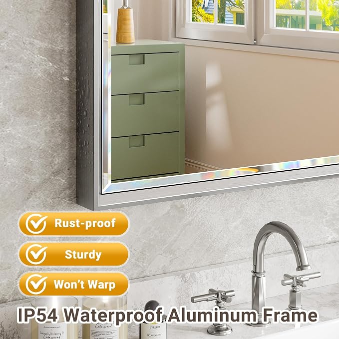 40 x 30 Silver Bathroom Mirror, Large Beveled Silver Bathroom Vanity Mirror, Shatterproof Silver Rectangle Mirror, Silver Metal Framed Mirror for Bathroom Wall, Anti-Rust(Vertical/Horizontal)