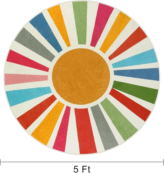 STARUIA Boho Washable Rug 5 Ft Round Area Rug for Bedroom, Rainbow Circle Kids Rugs for Office, Non-Slip Circluar Carpet Soft Sunshine Rugs for Dorm Nursery Sofa Living Room Corner