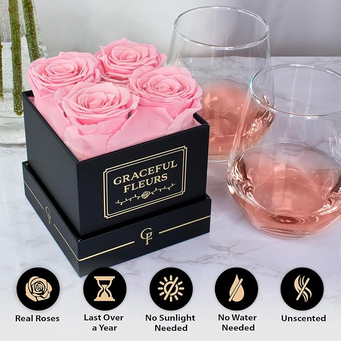 Graceful Fleurs | Real Long Lasting Roses for Years | Preserved Fresh Flowers for Delivery Birthday | Birthday Gifts for Women | Forever Roses in a Box (Pink, Black Box, 4 Roses)